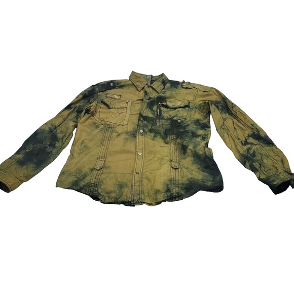 FUSAI Jeans Military Style Rollup LS Snap Button Shirt Pockets Men Size L 45" - Picture 1 of 16